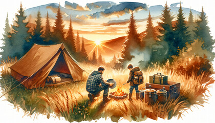 watercolor father and son camping in mountains