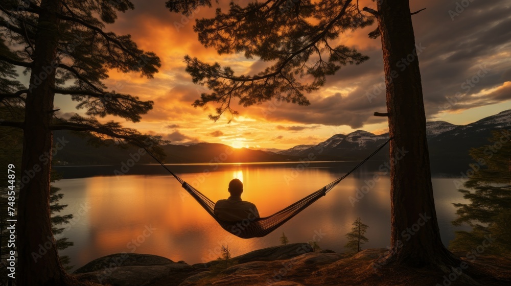 Aufkleber The silhouette of a man relaxing in a hammock between two pine trees, enjoying a beautiful view of the lake and the Sunset. Summer Holidays, Travel, Vacations, Landscape concepts.