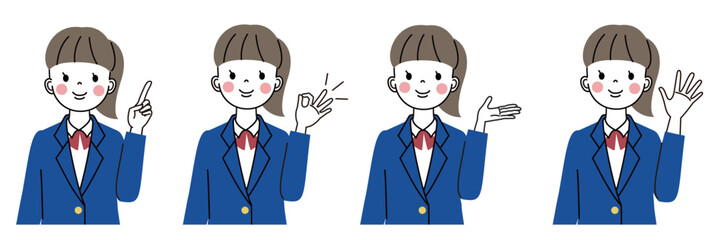 笑顔でいろんな表情をしている女子高校生の上半身イラストセット