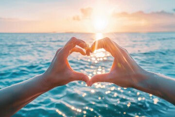 Two hands forming a heart shape with sunlight shining through the hands. Sea background. sunset.