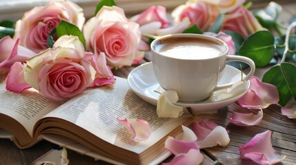 Fototapeta na wymiar A romantic setting of a book, coffee, and flowers