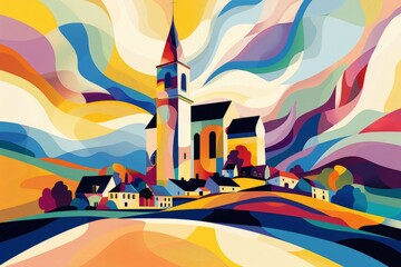 abstract of the beauty church in Europe. Vintage Style Travel Poster.ai generative