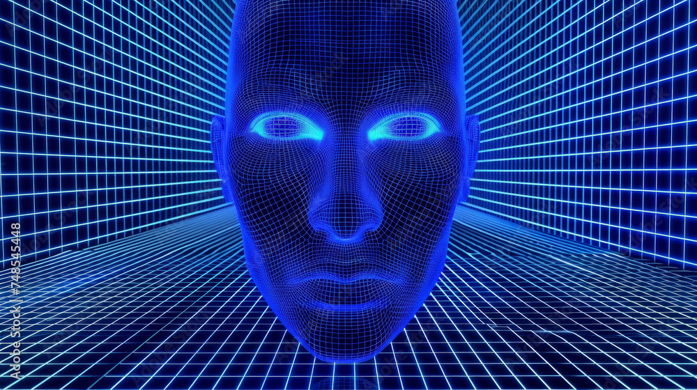 Poster mesh wireframe of a face set against a backdrop of technological elements, integration of human with