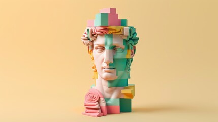 Geometric toy building set of the greek god ancient statue, yellow pink and green, composed of geometric colorful wooden constructor pieces, on plain light background. - obrazy, fototapety, plakaty