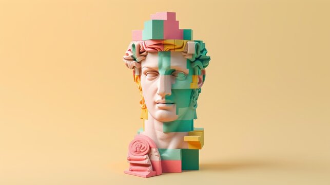 Geometric toy building set of the greek god ancient statue, yellow pink and green, composed of geometric colorful wooden constructor pieces, on plain light background.