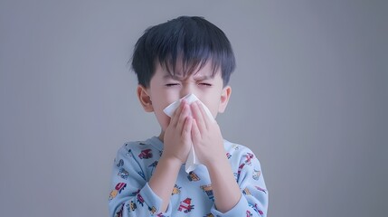 boy sneezing to tissue, he have a cold - 748545630