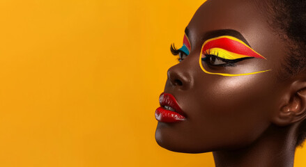 Africa model fashion, beautiful female with makeup style touch face perfect skin, natural beauty glowing smooth skin, Facial treatment, Cosmetology, plastic surgery concept. Banner yellow background - obrazy, fototapety, plakaty