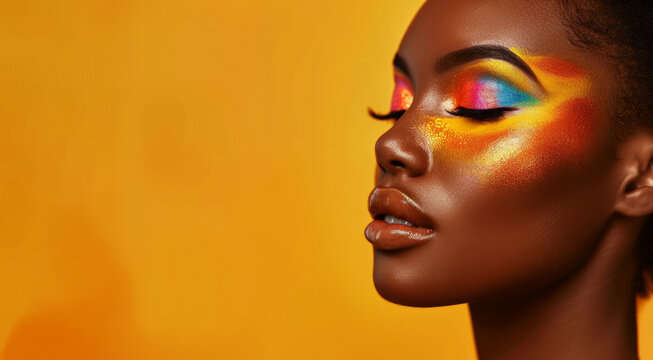 Africa model fashion, beautiful female with makeup style touch face perfect skin, natural beauty glowing smooth skin, Facial treatment, Cosmetology, plastic surgery concept. Banner yellow background