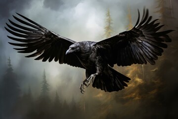 Swift Raven bird fly closeup. Ink animal. Generate Ai