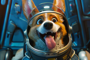 A humorous 3D animation featuring a dog dressed in a space suit, complete with a helmet and playfully sticking out its tongue. The dog's exudes a sense of joy in blue background, space atmosphere