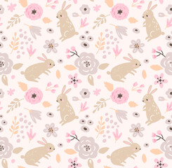 Easter pattern with bunnies and flowers - 748546098