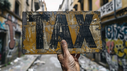 Hands holding a street sign with the word Tax in it.