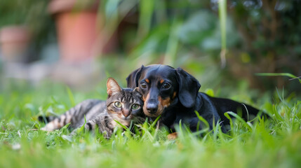 Cute dog and cat happily lie together on the green grass. bright afternoon sunlight.