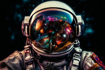 Astronaut helmet with colorful reflections. Generated with AI