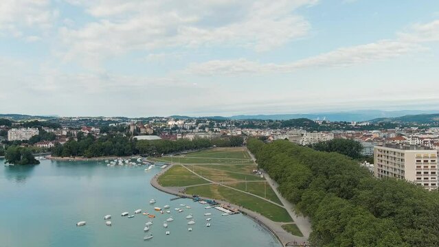Annecy, France. Le Paquier Park. Annecy is a city in the Alps in southeastern France. Lake Annecy promenade, Aerial View