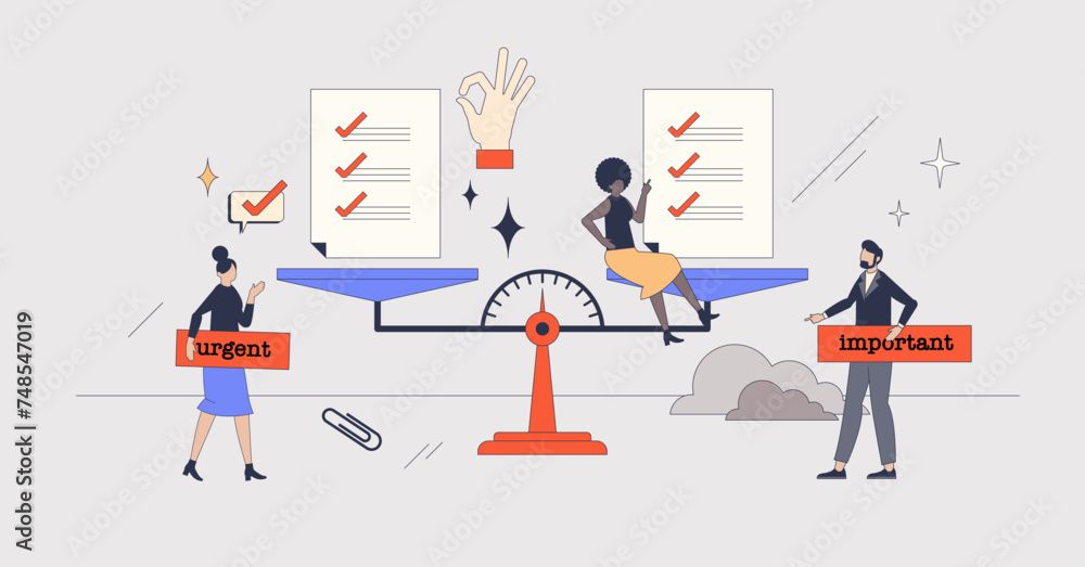Poster prioritization method for effective time management retro tiny person concept. productive work with 