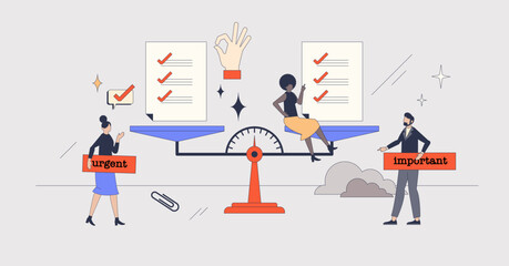Prioritization method for effective time management retro tiny person concept. Productive work with agenda and schedule priority comparison as urgent and important tasks division vector illustration.