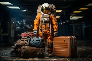 Tuinposter Space traveler. Astronaut with luggage. Generated with AI © Xavier Allard