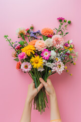 Bunch of colorful flowers against pastel colors background. summer aesthetic concept