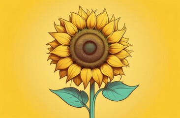 One sunflower on a yellow background. Illustration.