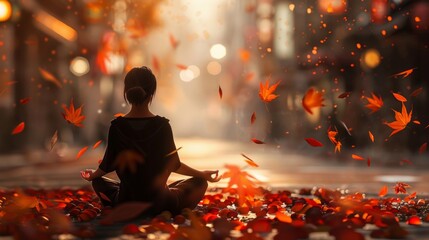A woman sits on the ground in a meditative pose as colorful leaves fall around her