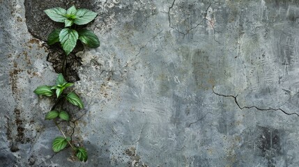 Naklejka premium A young green plant pushing through a crack in a concrete wall, symbolizing hope and resilience