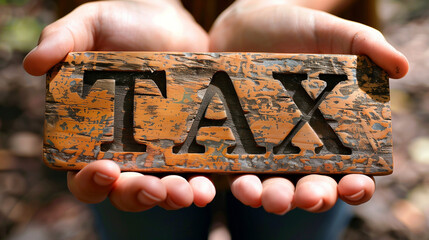 word tax on an old wooden sign in the hands of a man