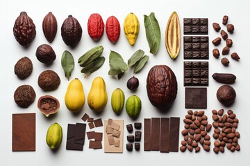 Different chocolate products and cacao seeds. Generated with AI