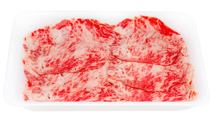 Close up Red beef, Slices Wagyu beef with marbled texturein packaging isolate on white PNG Gile.