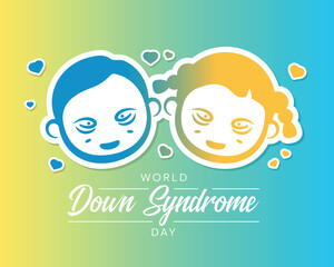 World down syndrome day - Text and blue yellow gradient boy and gilr syndrome sign with hearts around on soft blue yellow background vector design
