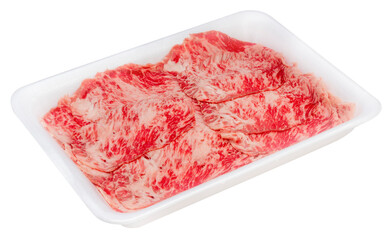 Close up Red beef, Slices Wagyu beef with marbled texturein packaging isolate on white PNG Gile.
