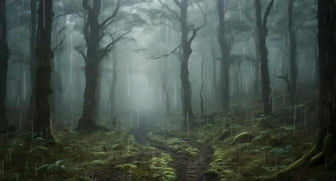 A rainy scene in a dark and silent forest. A heavy rain falls on the forest with accompanying flashes of thunder. Seamless looping animation