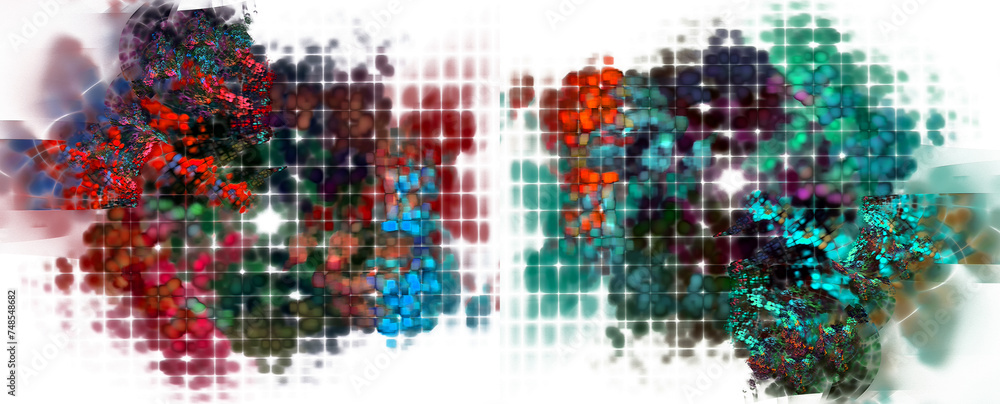 Poster abstract fractal background with colorful illuminated grouped spots separated by a fine elegant squa