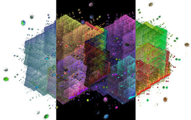 Colorful geometric shapes and spots on a background divided into 3 parts in black and white. Abstract fractal background. 3D rendering. 3D illustration.