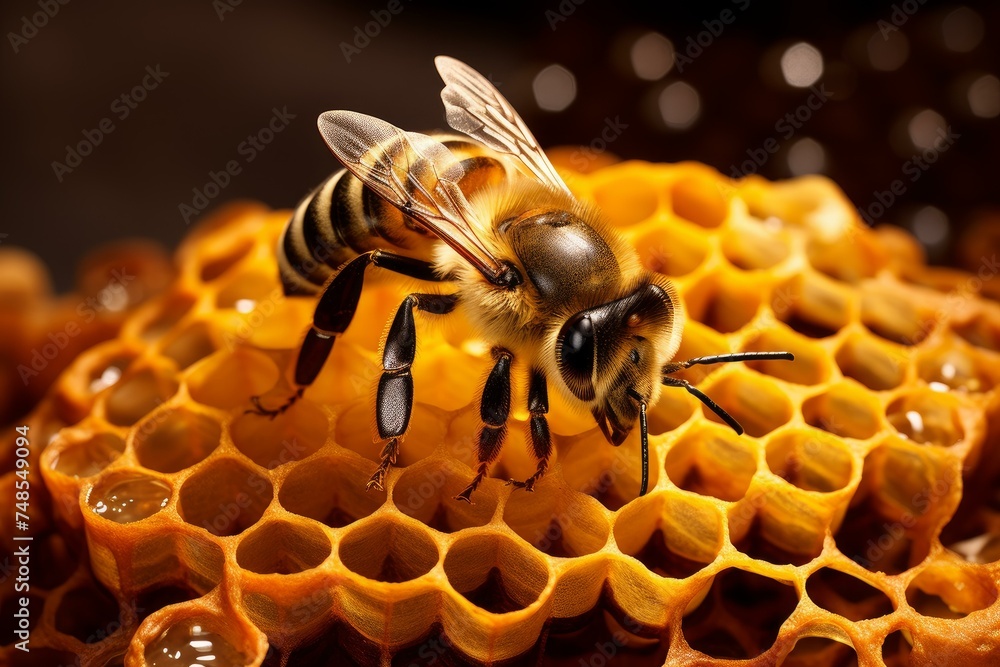 Poster industrious bees inside a hive. comb frame. generate ai