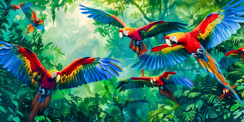 A flock of macaws is flying in a perfectly refreshed forest.