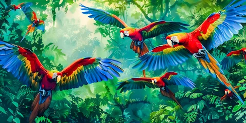 Fotobehang A flock of macaws is flying in a perfectly refreshed forest. © Stock Photo For You