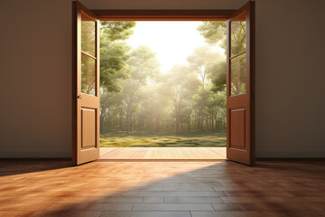 An open door leading to the park. Generated by artificial intelligence