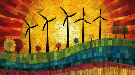 Illustration of wind turbines in a field at sunset. Renewable energy concept