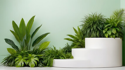Green Oasis Podium: Background Design with Lush Green Plants, White Elements, and Natural Vibrancy. Perfect for Eco-Friendly Concepts. 16:9 Background with Space for Text or Product.