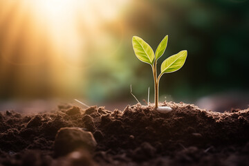 Young plants are sprouting in the soil as daylight breaks. Earth day, New beginnings, World environment day, Ecology, Green business, Net Zero, Finance and saving money for sustainability investment.