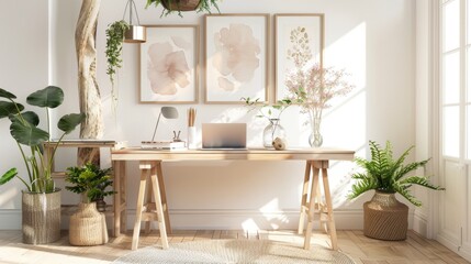A room in a minimalist style, with a solid wood desk in light shades, with large picture frames, with books, flowers in a vase, Eco-friendly style in the interior. The concept of natural things for th