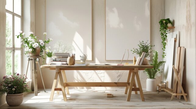 Hygge Interior Design With Wooden Desk For Eco Hipster Stock Photo, Picture  and Royalty Free Image. Image 82490747.