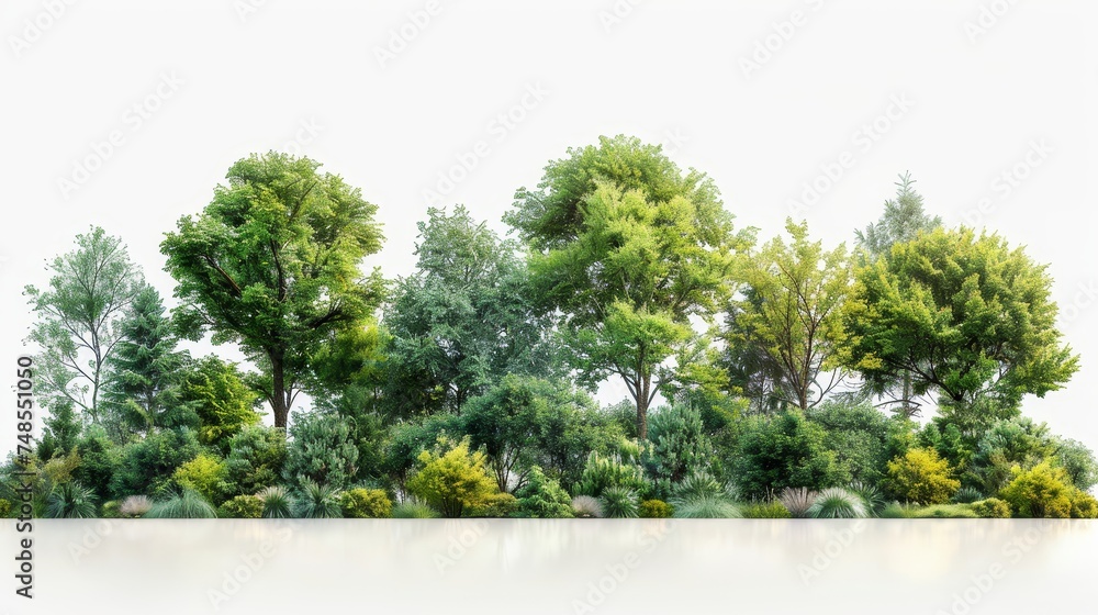 Poster in summer, a row of green trees and shrubs is isolated on a white background. forestscape. high qual