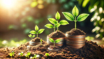 young green plants sprouting from a stack of coins buried in rich soil growth and investment - obrazy, fototapety, plakaty