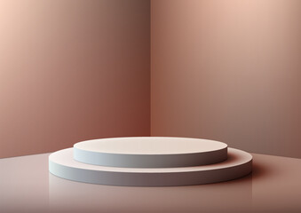 3D white podium with a slight shadow sits in front of a brown wall. Product display