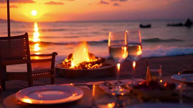 Background A sunset dinner on the beach with a bonfire and a casual dress code.