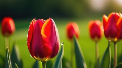 Fototapeta premium Flowers of red tulips in close-up on the background of a field.