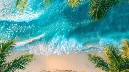 Aerial top view of Beautiful topical beach, sand, coconut palm trees and sea. - obrazy, fototapety, plakaty