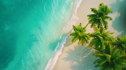 Aerial top view of Beautiful topical beach, sand, coconut palm trees and sea. - obrazy, fototapety, plakaty